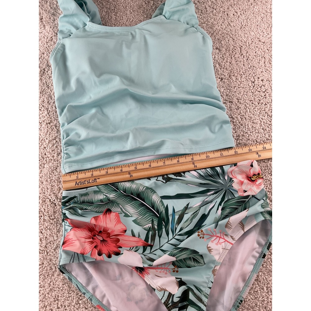 Girls Light Blue Tropical Floral Tankini Ruffle Twist Back Swimsuit Set 15-16Y - Picture 9 of 10